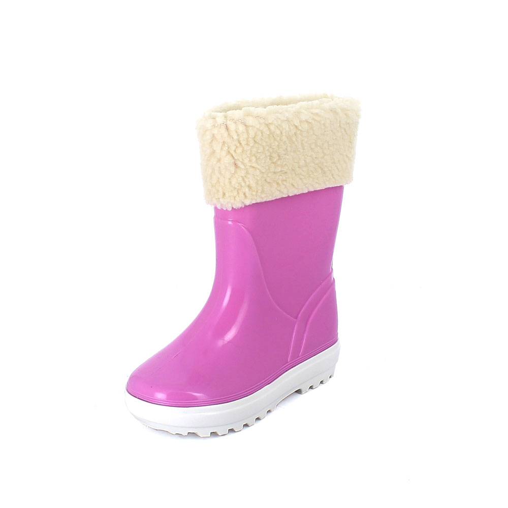 Rainboot for children in two-colour pvc with felt inner lining and synthetic lamb wool cuff - colour pink