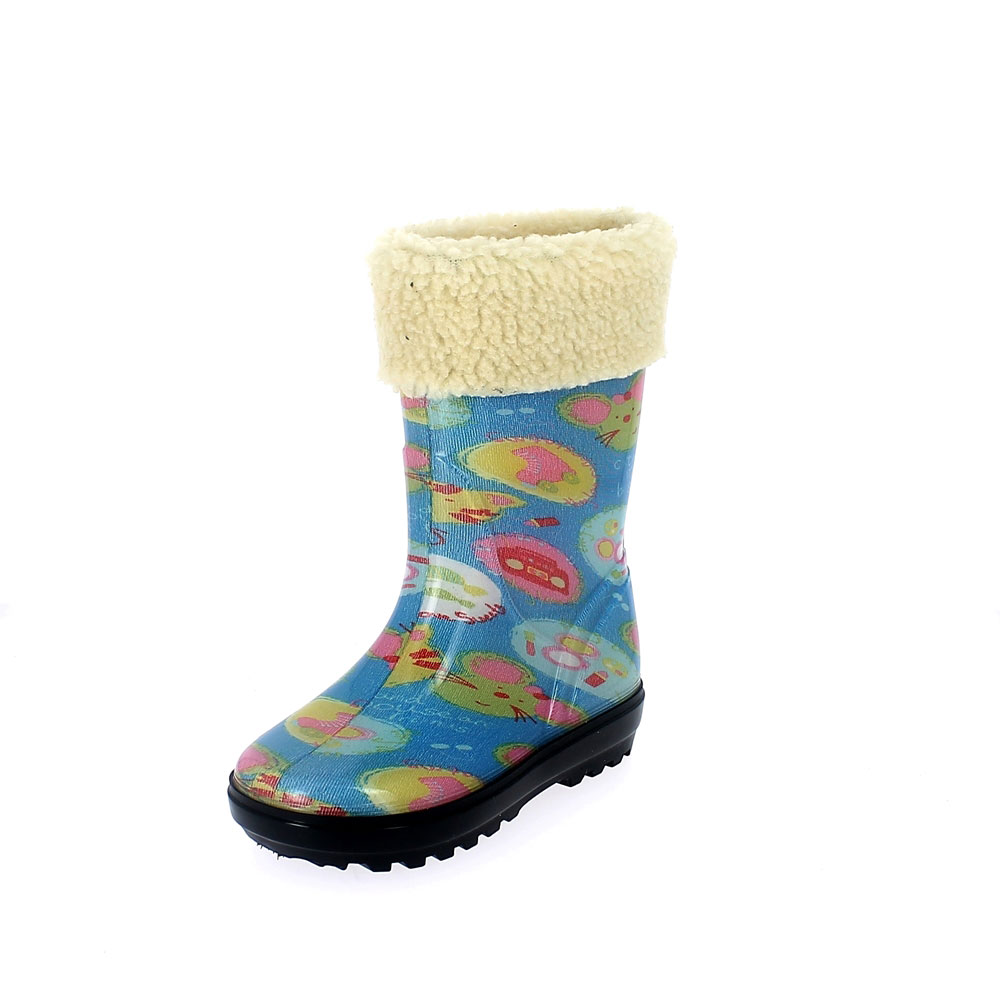 Rainboot for children in transparent pvc with cut and sewn lining; felt inner lining and synthetic wool cuff - pattern "cat&mouse" - colour azzurro