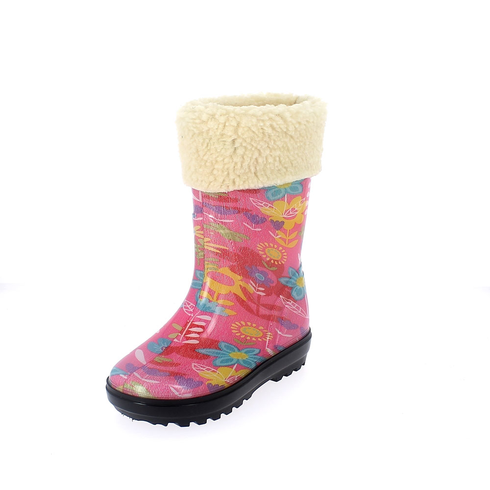 Rainboot for children in transparent pvc with cut and sewn lining; felt inner lining and synthetic wool cuff - pattern "flowers"