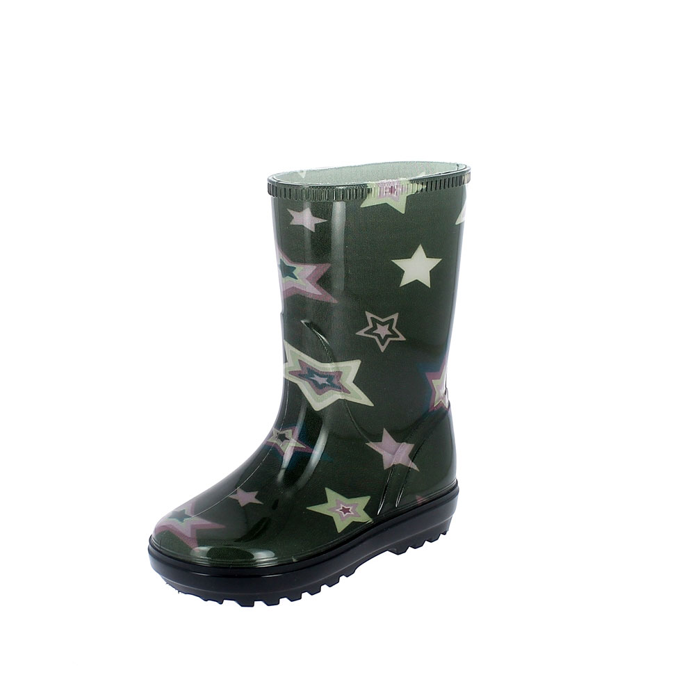 Stivale pioggia bambino in pvc trasparente con calza tagliato e cucito fantasia "star" - colore verde
