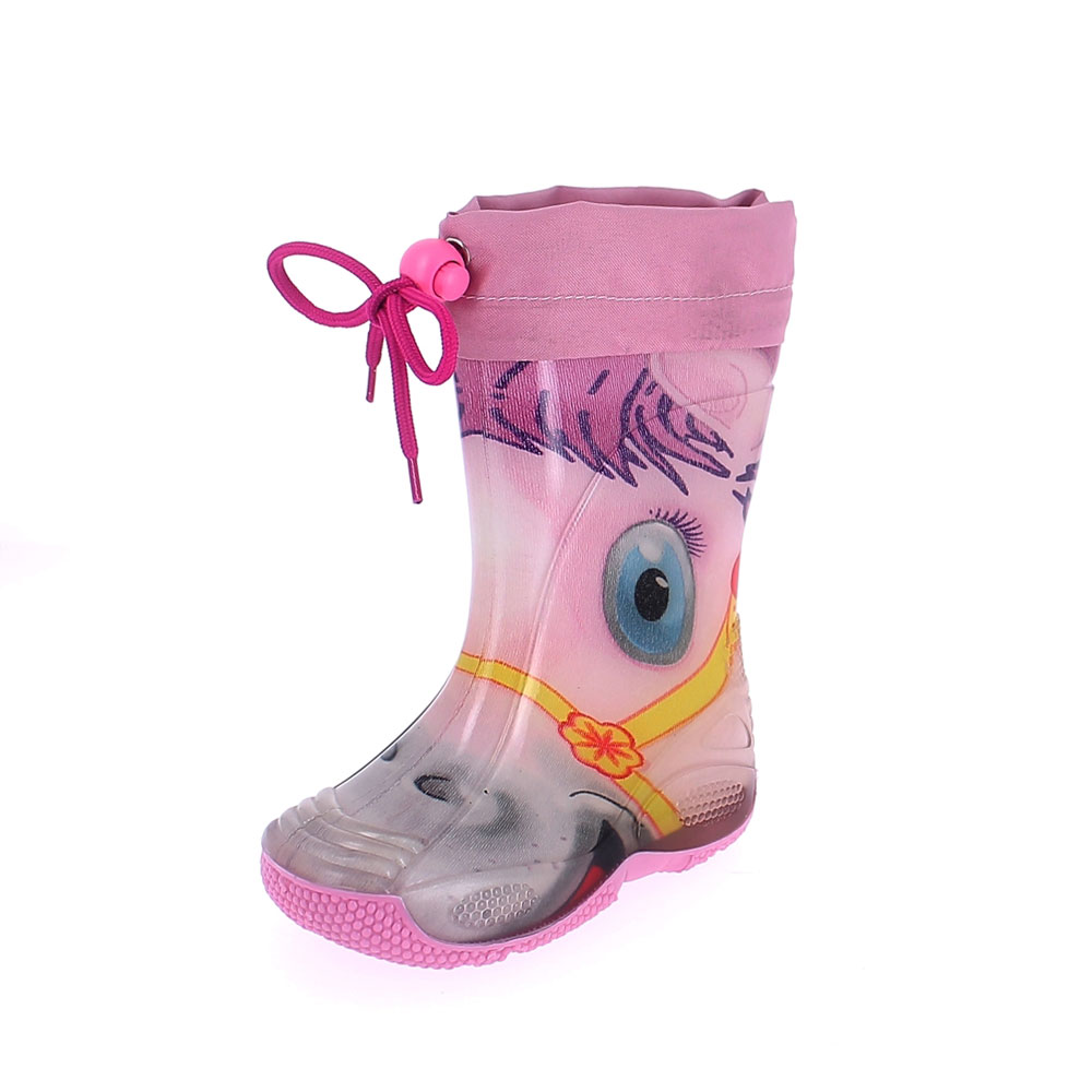 Rainboot for children made of transparent brigh finish pvc and tubular lining with pattern "pony rosa"  and nylon collar