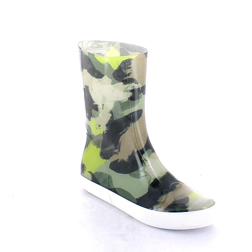Sneaker basso in pvc lucido trasparente con calza tagliato e cucito fantasia "Mimetico Astratto verde"