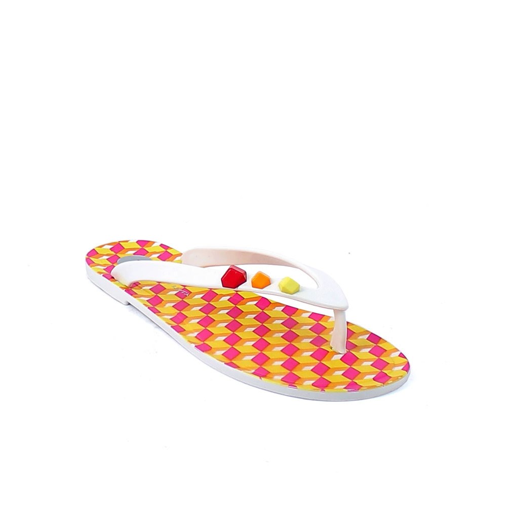 Pvc flip flop with application of imitation stones in three colours; digital fuxia cubes print and pad printing on the insole