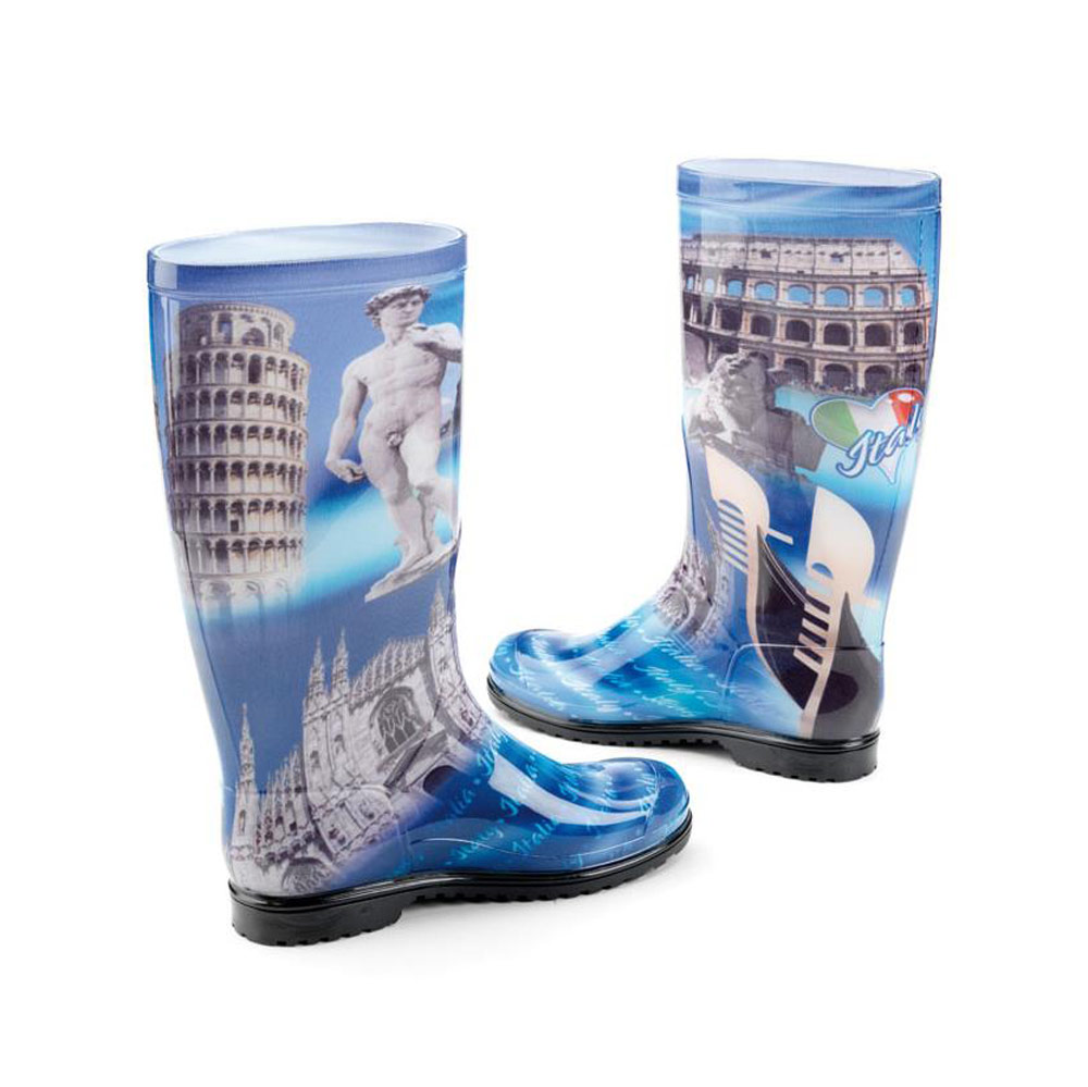 Stivale pioggia classico in pvc trasparente con calza tubolare piazzato disegno "Italia"