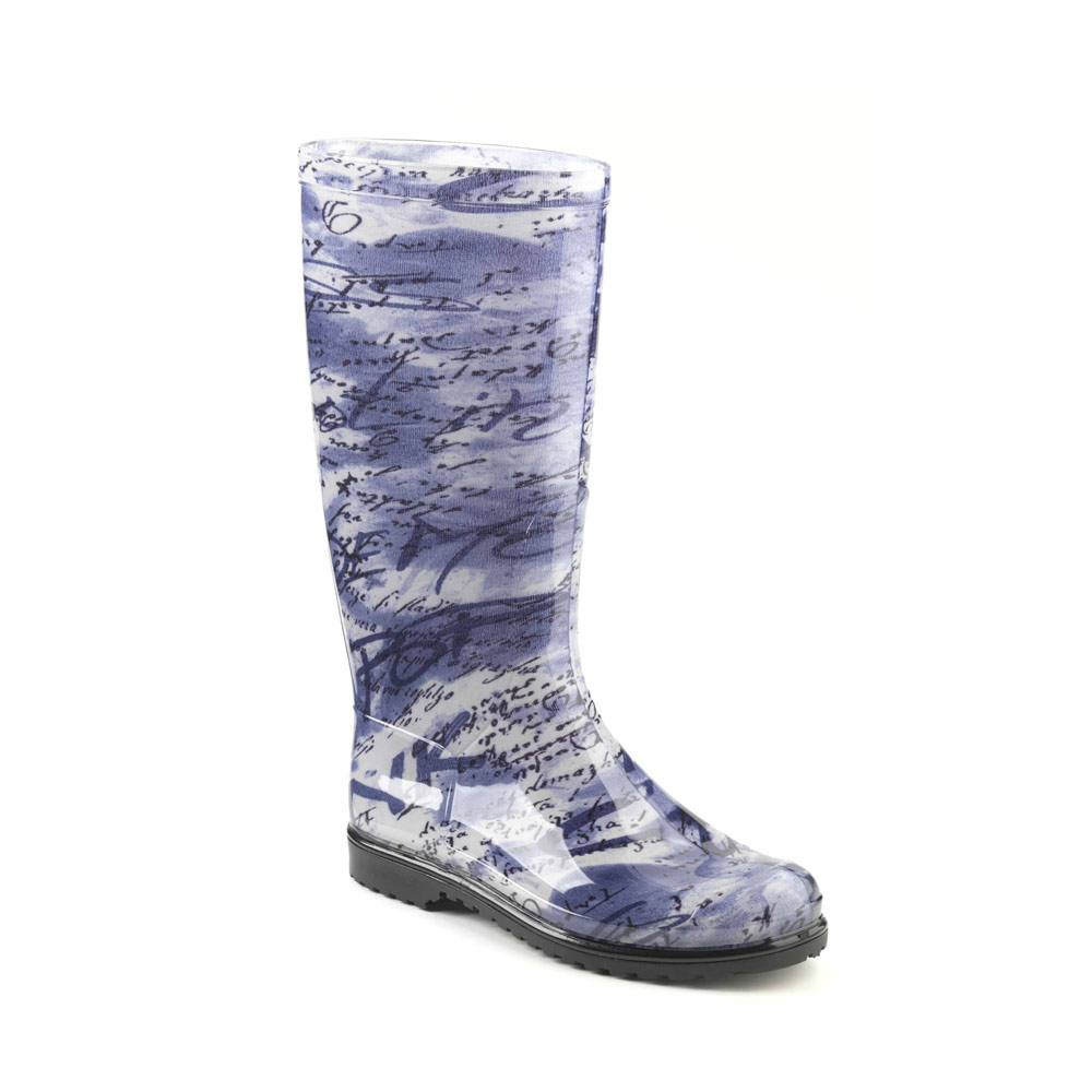 Stivale pioggia classico in pvc trasparente con calza tubolare fantasia "vogue avio"