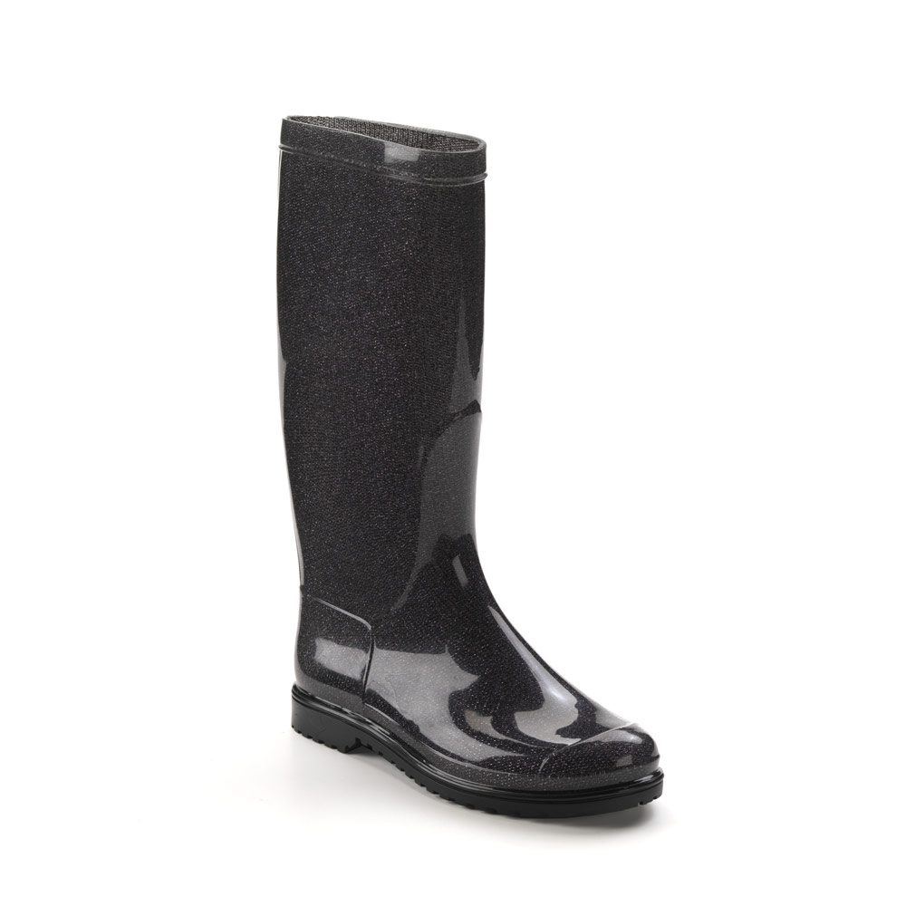 Classic rainboot made of transparent pvc with tubular inner sock with "black lamé" pattern