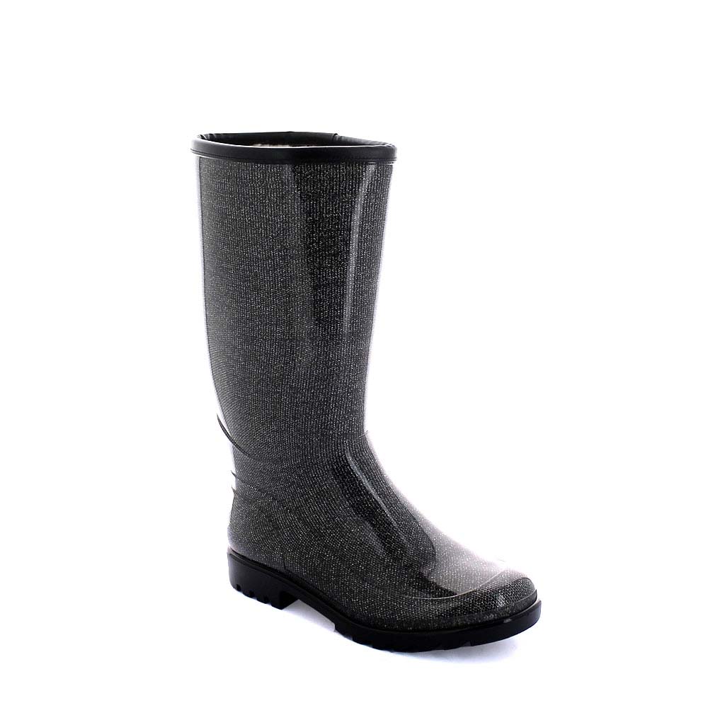 Transparent Pvc boot with tubular inner sock &quot;Black Lam&#233;&quot;; trimmed bootleg and synthetic wool inner lining