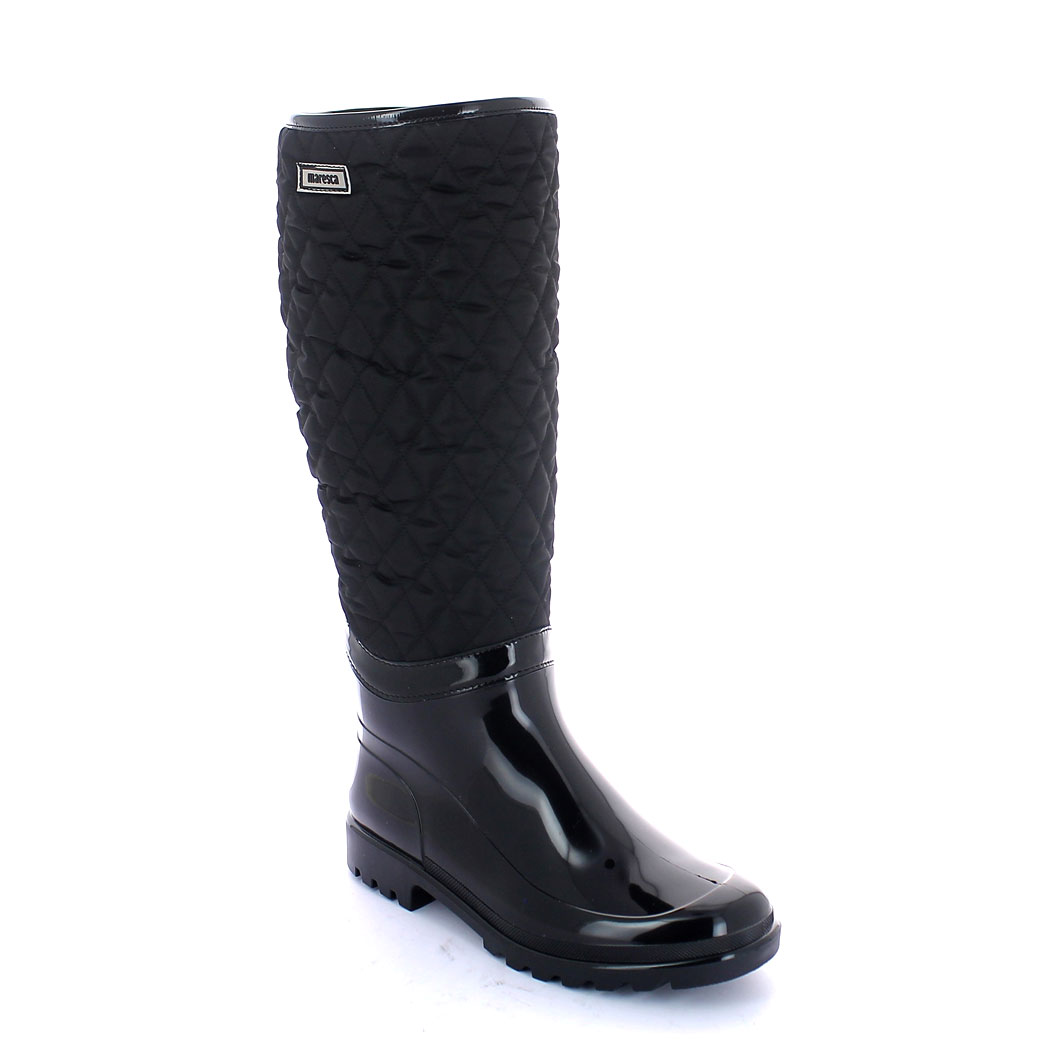 Bright finish pvc boot with synthetic wool inner lining; quilted bootleg with zip fastener