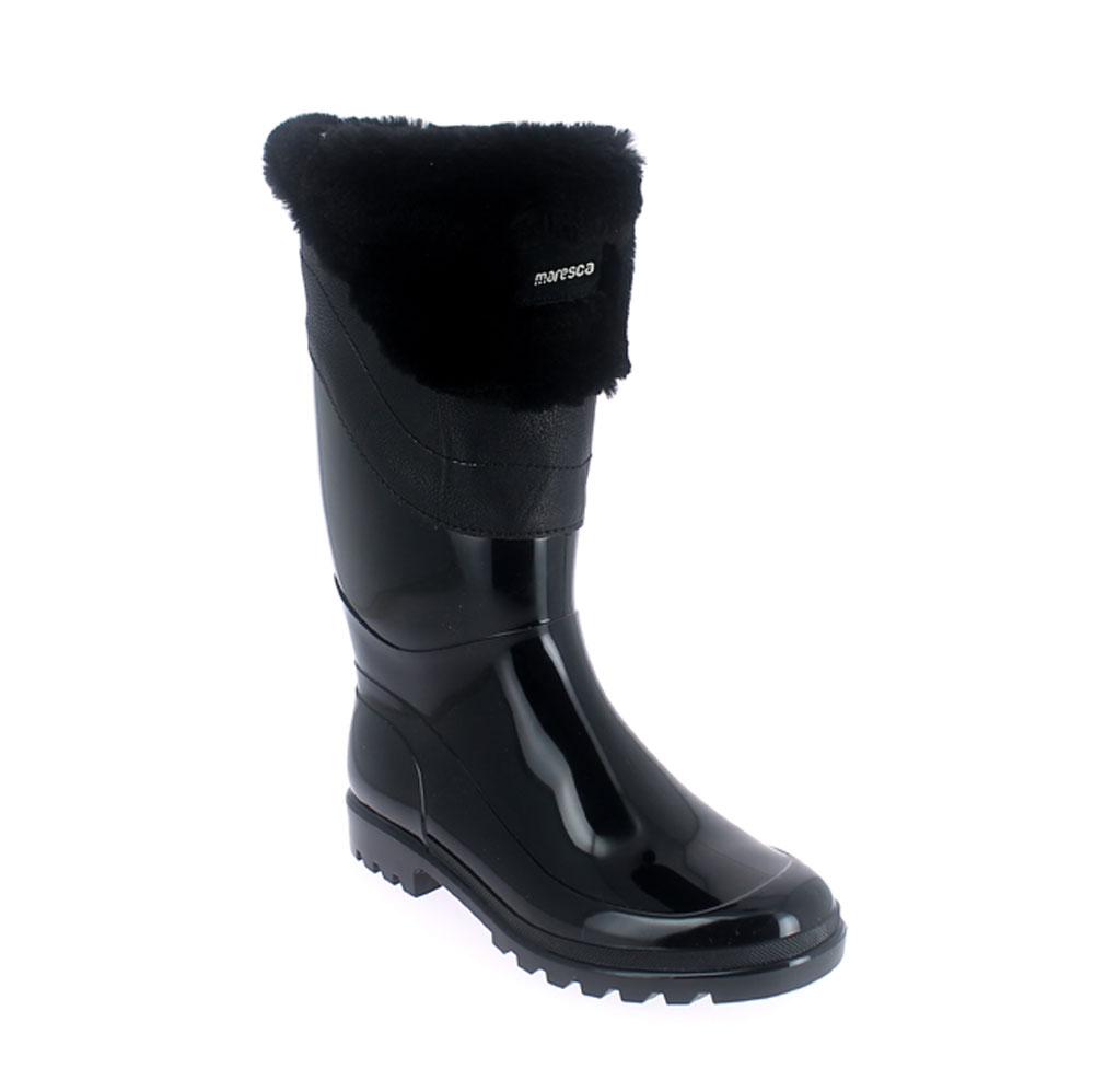 Bright finish Pvc Boot with synthetic lamb wool inner lining and contoured faux fur cuff. Made in Italy