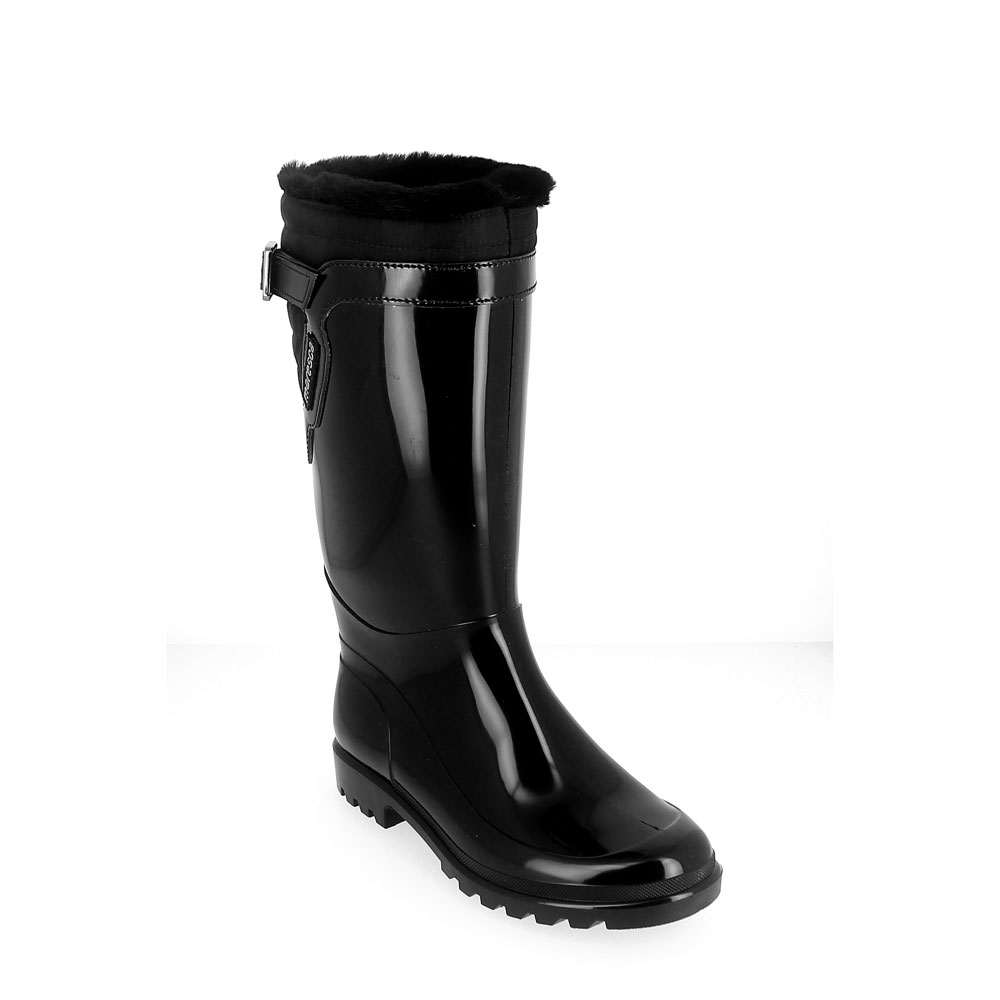 Bright finish Pvc Boot with synthetic wool inner lining and rear patched piece in technical waterproof material and strap. Made in Italy