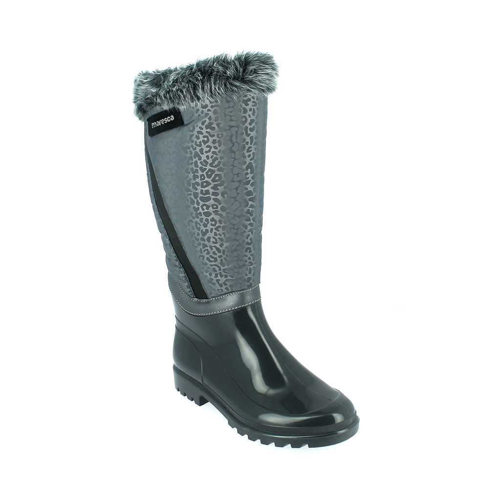 Bright finish Pvc Boot with synthetic lamb wool inner lining. Bootleg in waterproof fabric with iridescent print, water-repellent zip fastener and synthetic fur trim.Made in Italy