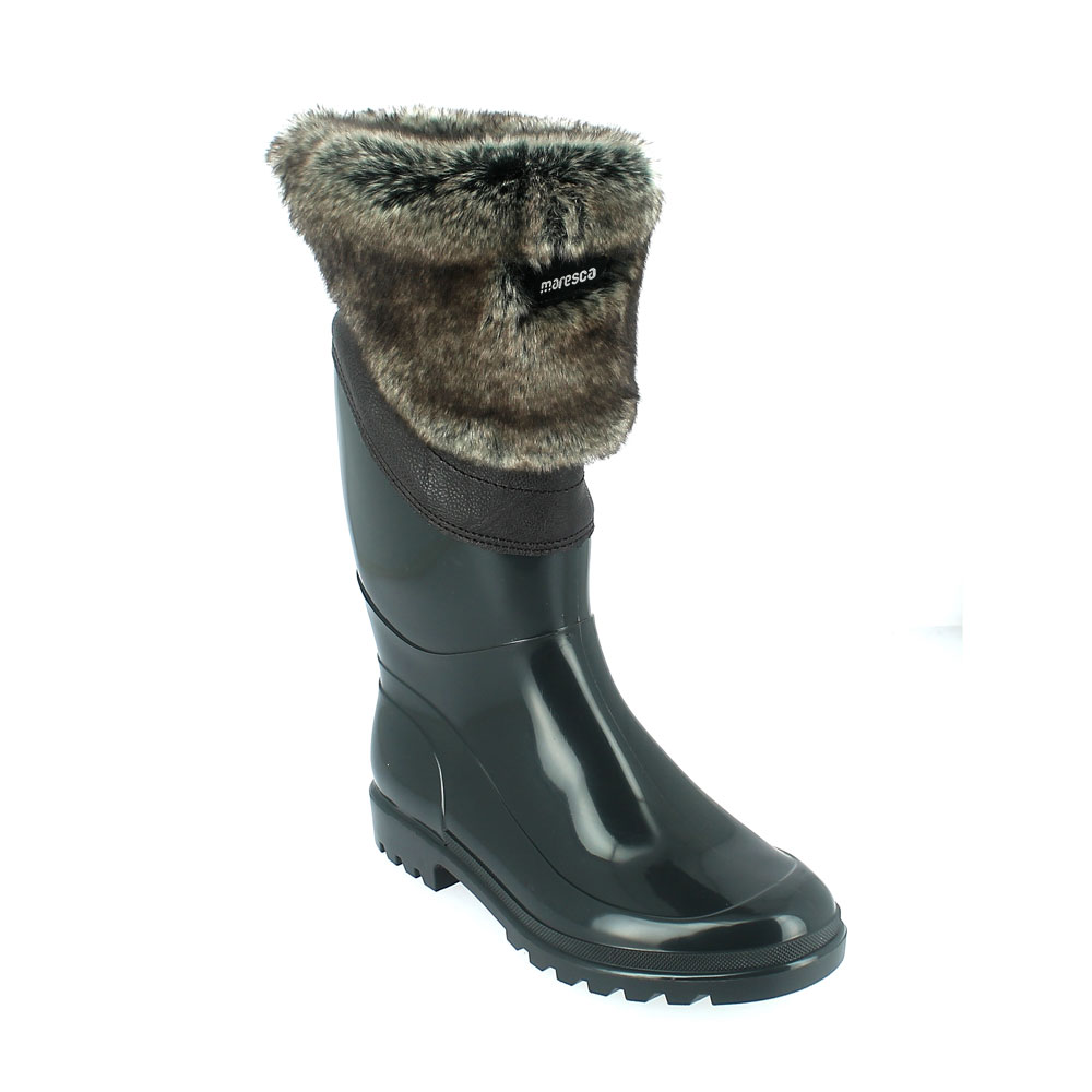 Bright finish Pvc Boot with synthetic lamb wool inner lining and contoured husky faux fur cuff. Made in Italy