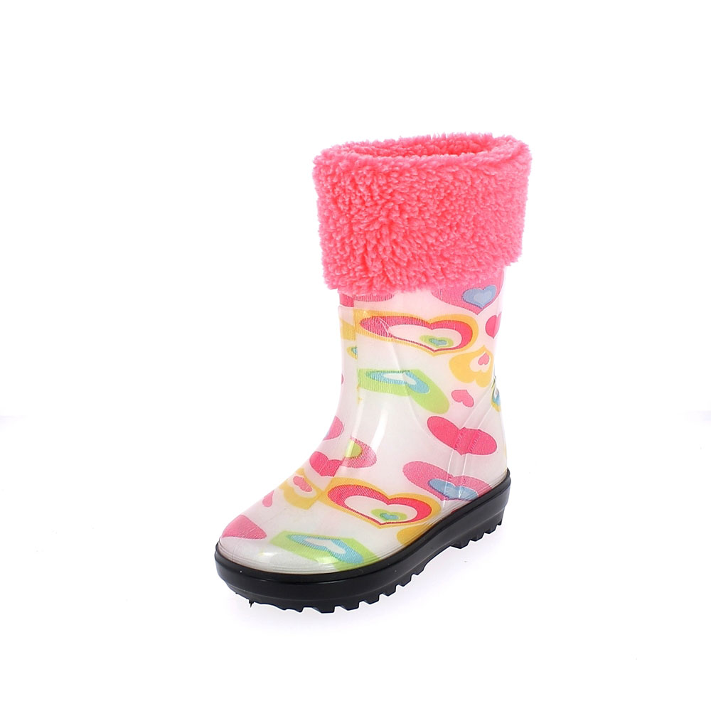 Rainboot for children in transparent pvc with cut and sewn lining; felt inner lining and synthetic wool cuff - pattern "hearts"