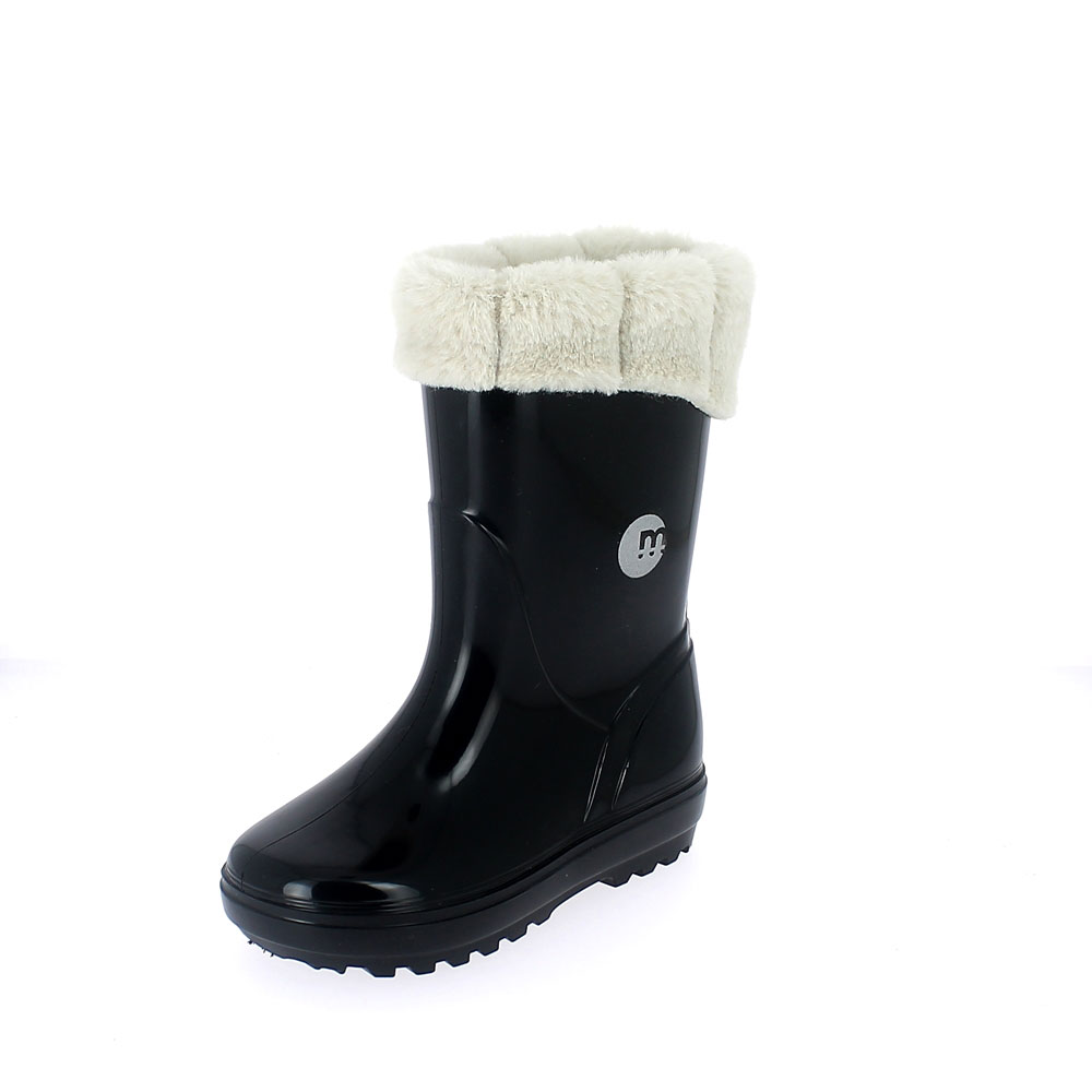 Rainboot for children in two-colour pvc with padprinting, felt lining and eco fur cuff - colour black
