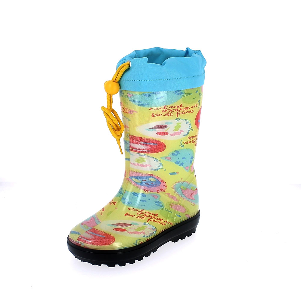 Rainboot for children in transparent pvc with cut and sewn lining; felt inner lining and collar - pattern &quot;cat&amp;mouse&quot; - colour giallo