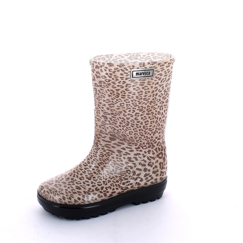 Stivale pioggia bambino in pvc trasparente con calza tagliato e cucito fantasia "leopardino" - colore marrone