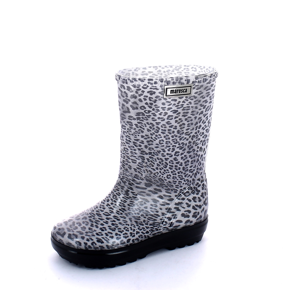 Stivale pioggia bambino in pvc trasparente con calza tagliato e cucito fantasia "leopardino" - colore nero Stivale pioggia bambino in pvc trasparente con calza tagliato e cucito fantasia "leopardino" - colore nero