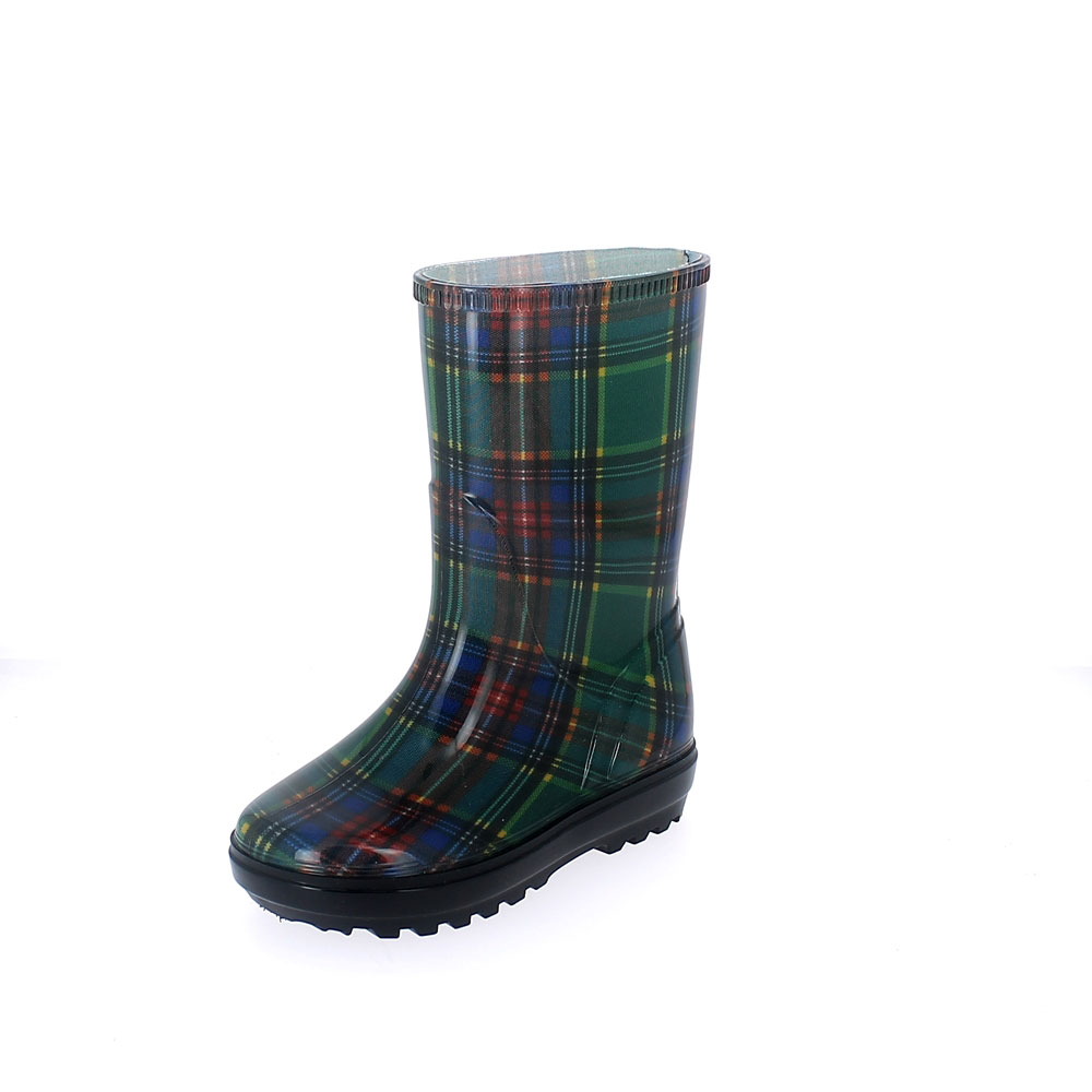 Stivale pioggia bambino in pvc trasparente con calza tagliato e cucito fantasia "scozzese" - colore blu verde