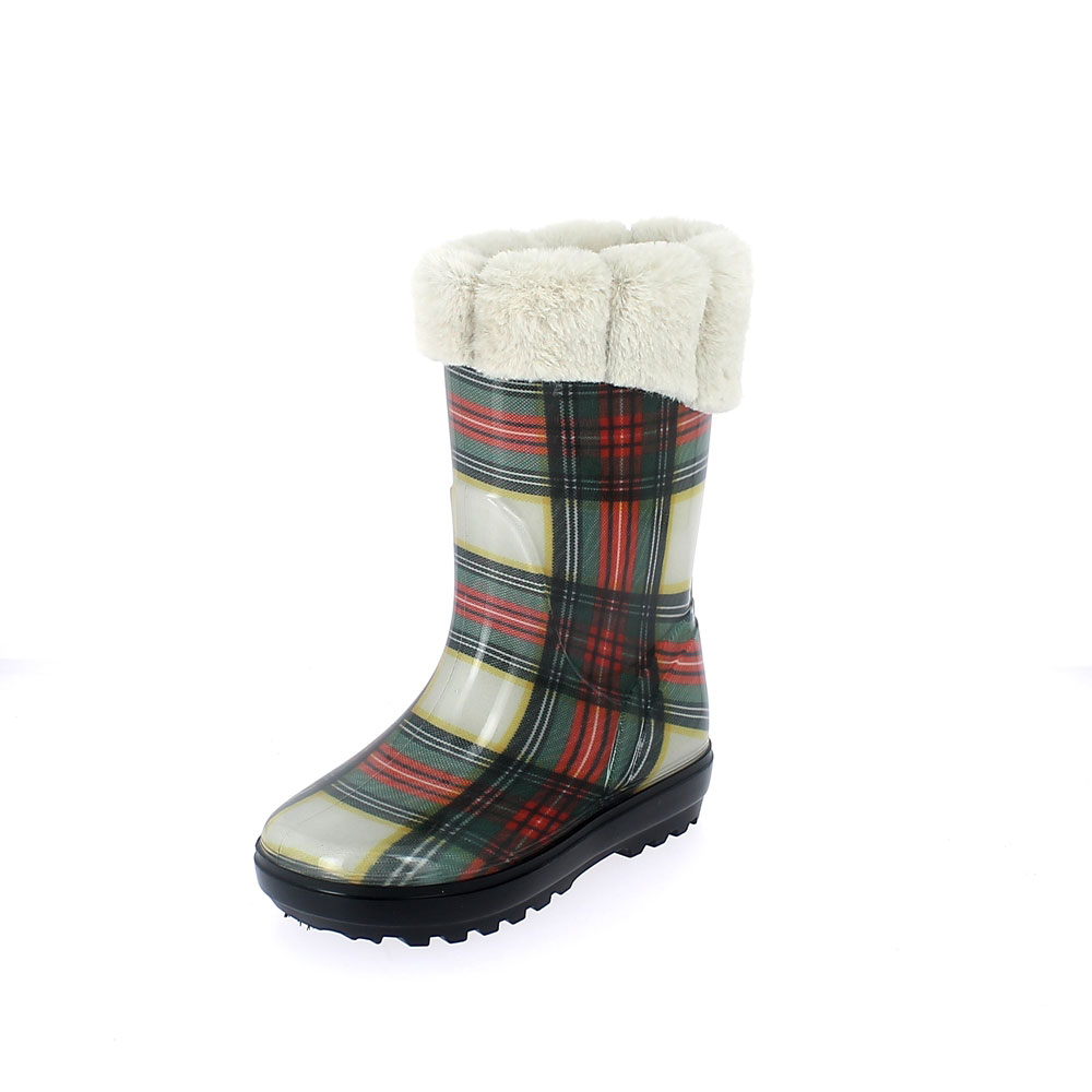 Stivale pioggia bambino in pvc trasparente con calza tagliato e cucito fantasia "scozzese", foderato, con risvolto - colore bianco