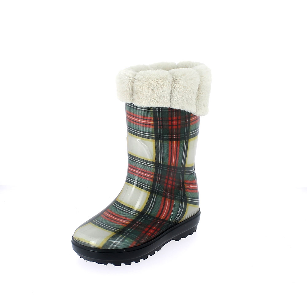 Rainboot for children made of transparent pvc with cut and sewn &quot;tartan&quot; pattern lining - with inner lining and cuff - colour bianco