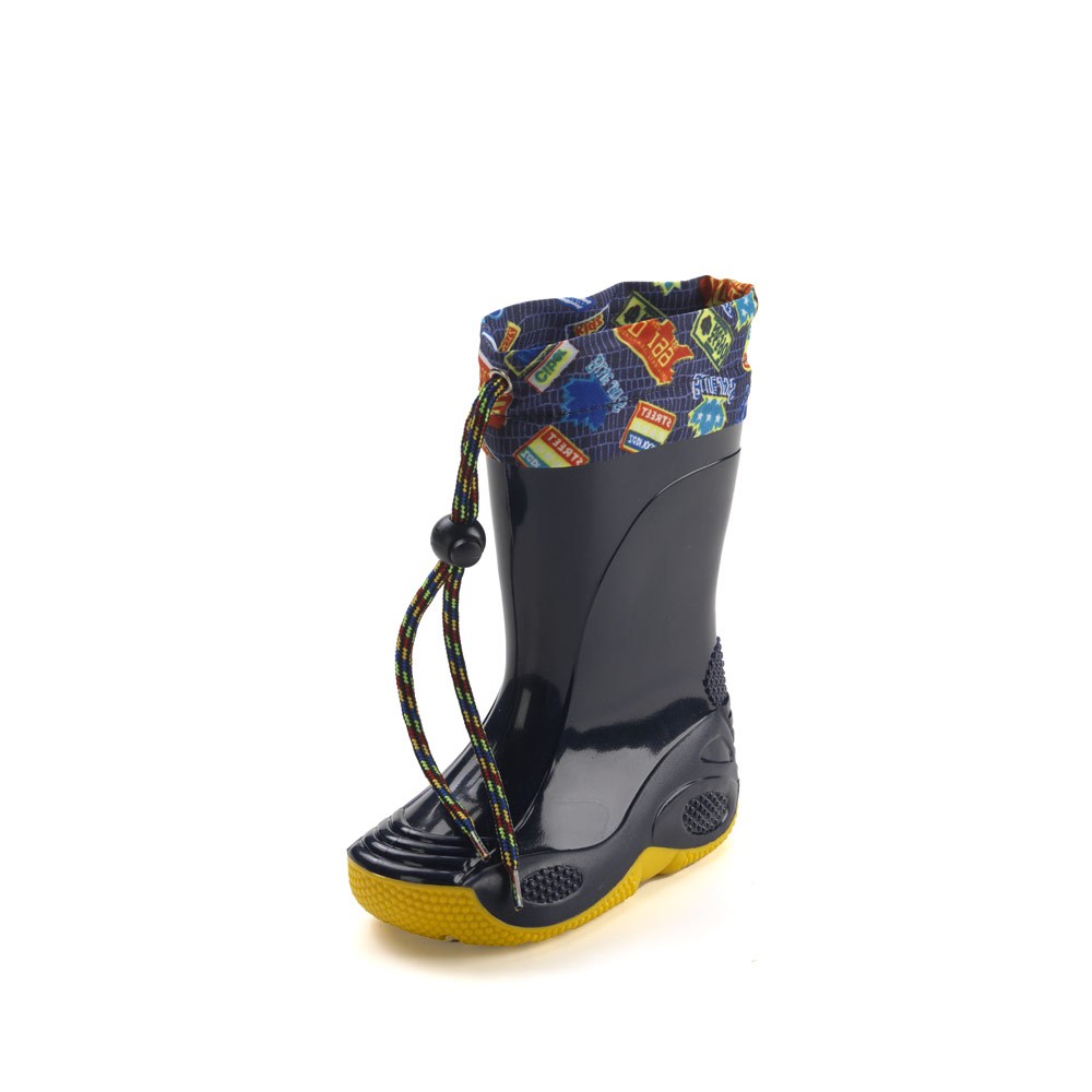 Rainboot for children, made of two-colour pvc, variant blue with yellow sole and nylon collar