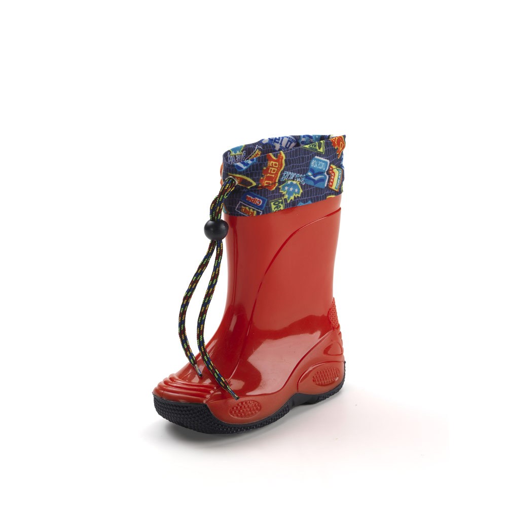 Rainboot for children, made of two-colour pvc, variant red with blue sole, and nylon collar