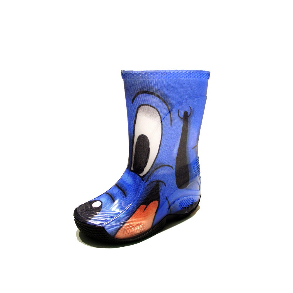 Rainboot for children made of transparent brigh finish pvc and tubular lining with pattern "cane blu" (blue dog)