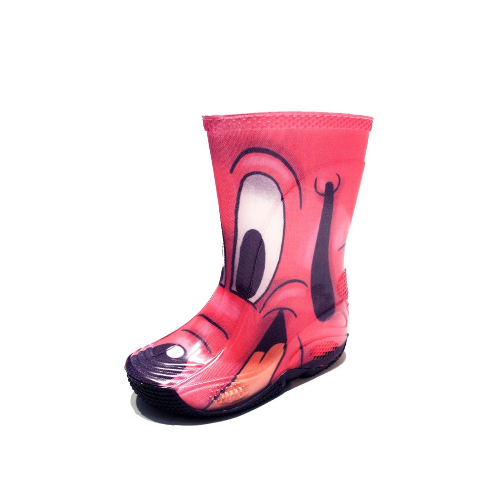 Rainboot for children made of transparent brigh finish pvc and tubular lining with pattern &quot;cane fuxia&quot; (fuxia dog)