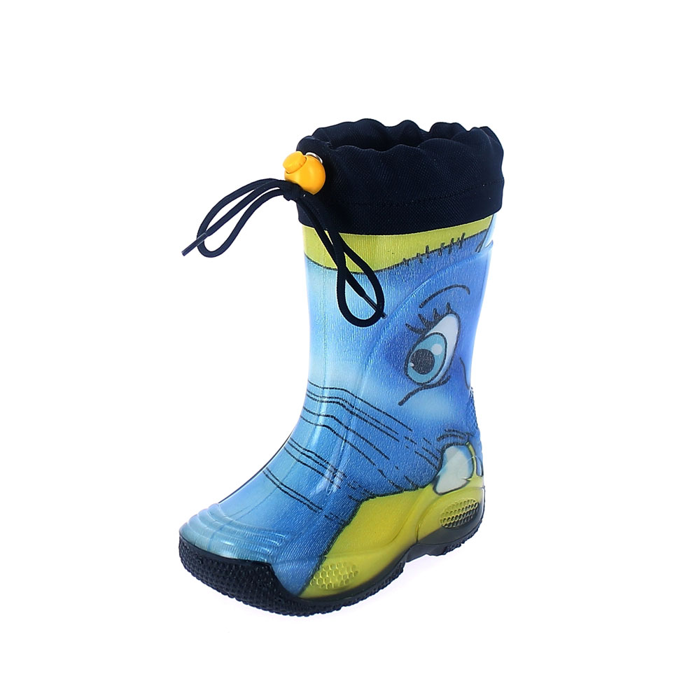 Rainboot for children made of transparent brigh finish pvc and tubular lining with pattern &quot;elefante giallo&quot; and nylon collar