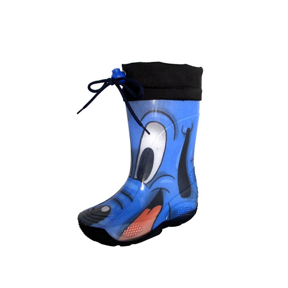 Rainboot for children made of transparent brigh finish pvc and tubular lining with pattern "cane blu" (blue dog) and nylon collar