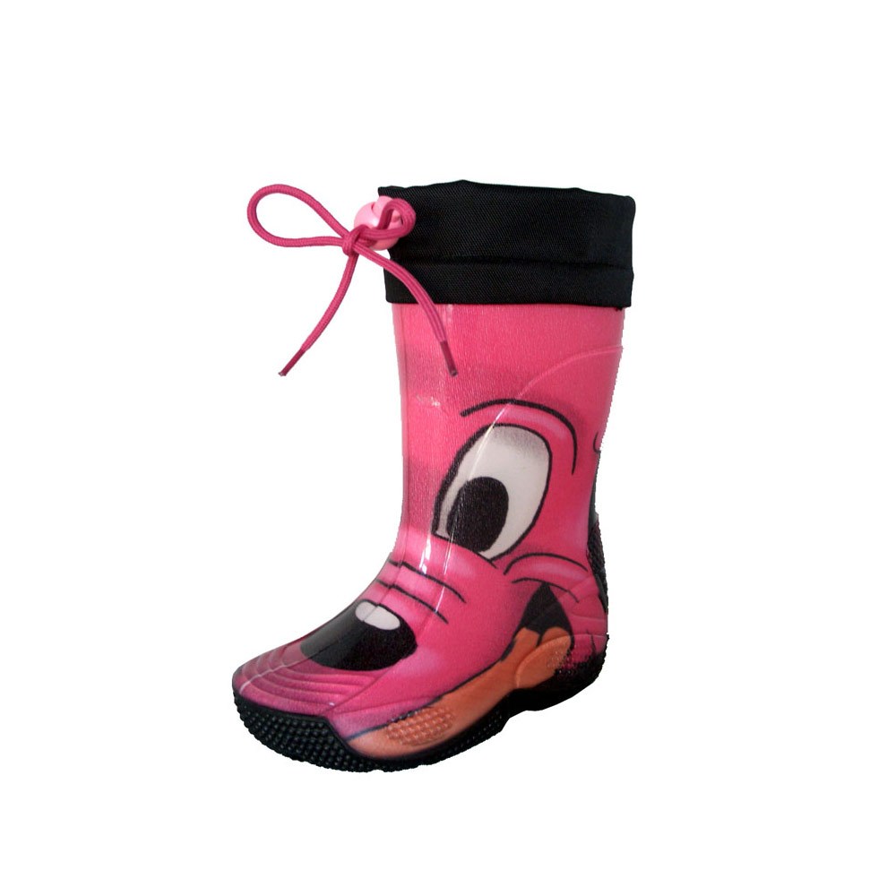 Rainboot for children made of transparent brigh finish pvc and tubular lining with pattern "cane fuxia" (fuxia dog) and nylon collar