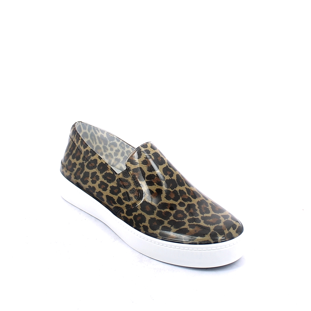 Bright pvc Slip on shoe with cut and sewn "coffee leopard" inner sock and insole