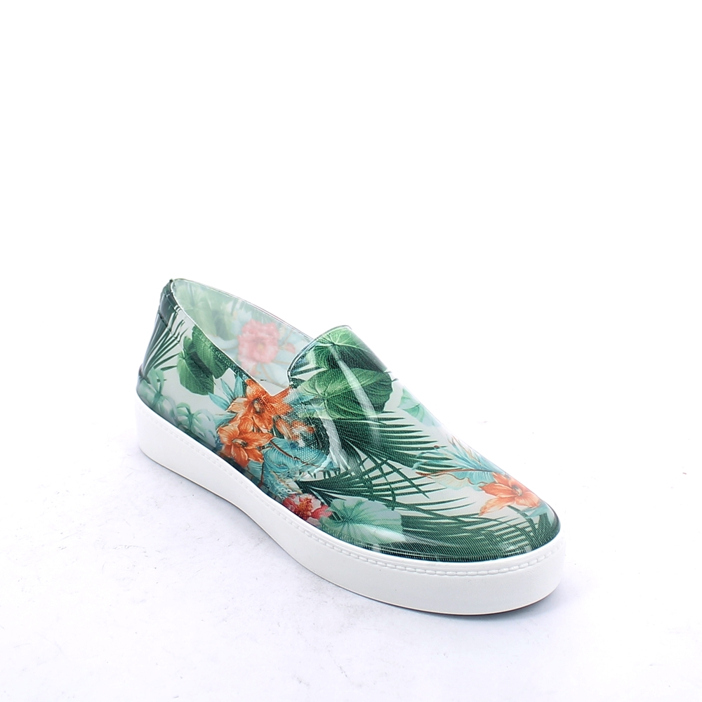 Bright pvc Slip on shoe with cut and sewn "Green Tropical Flowers" inner sock and insole