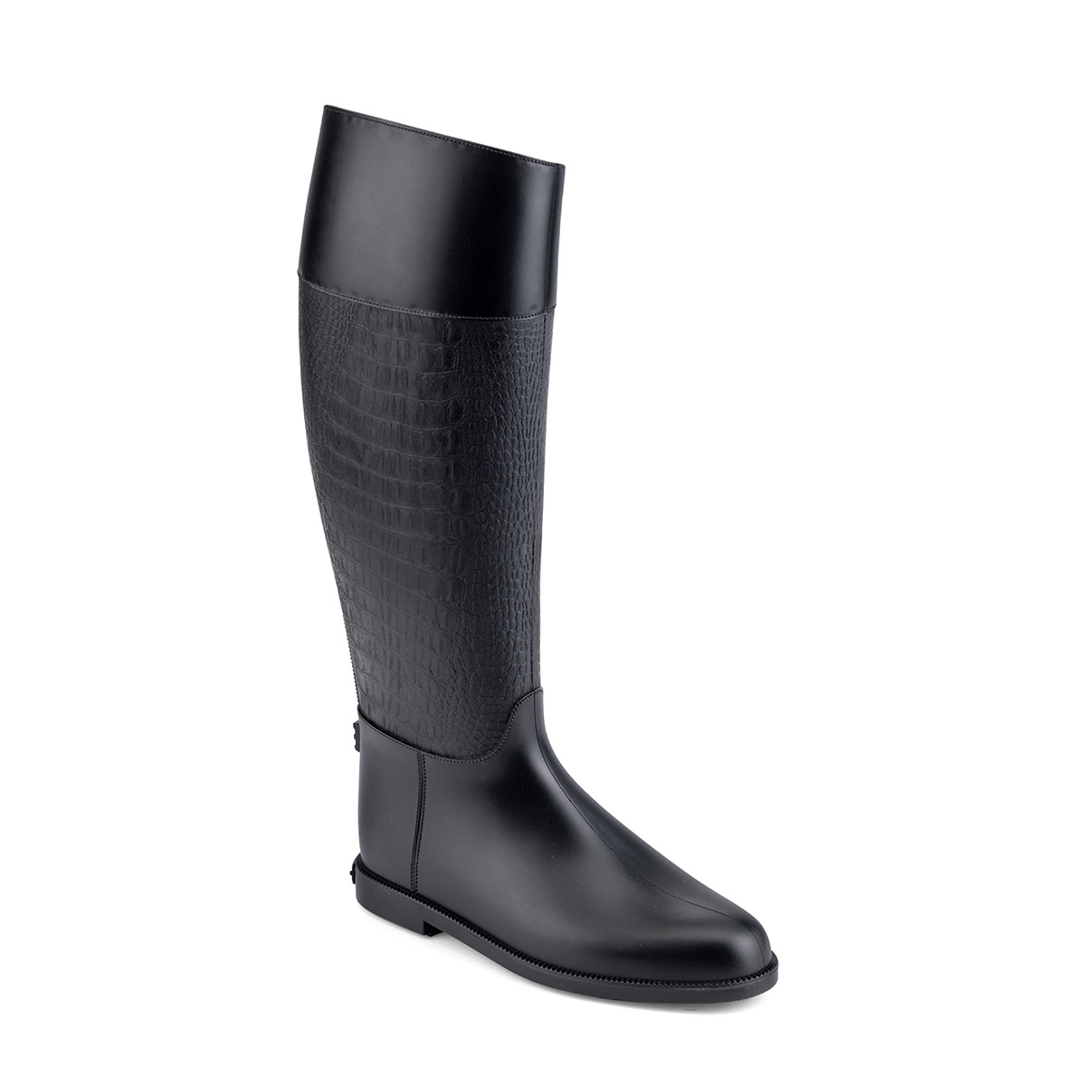 Riding boot in matt pvc with high boot leg  featured by photoengraved crocodile print 