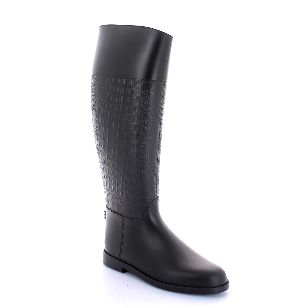 Pvc Riding boot with photo engraved bootleg with crocodile print and solid colour inner lining
