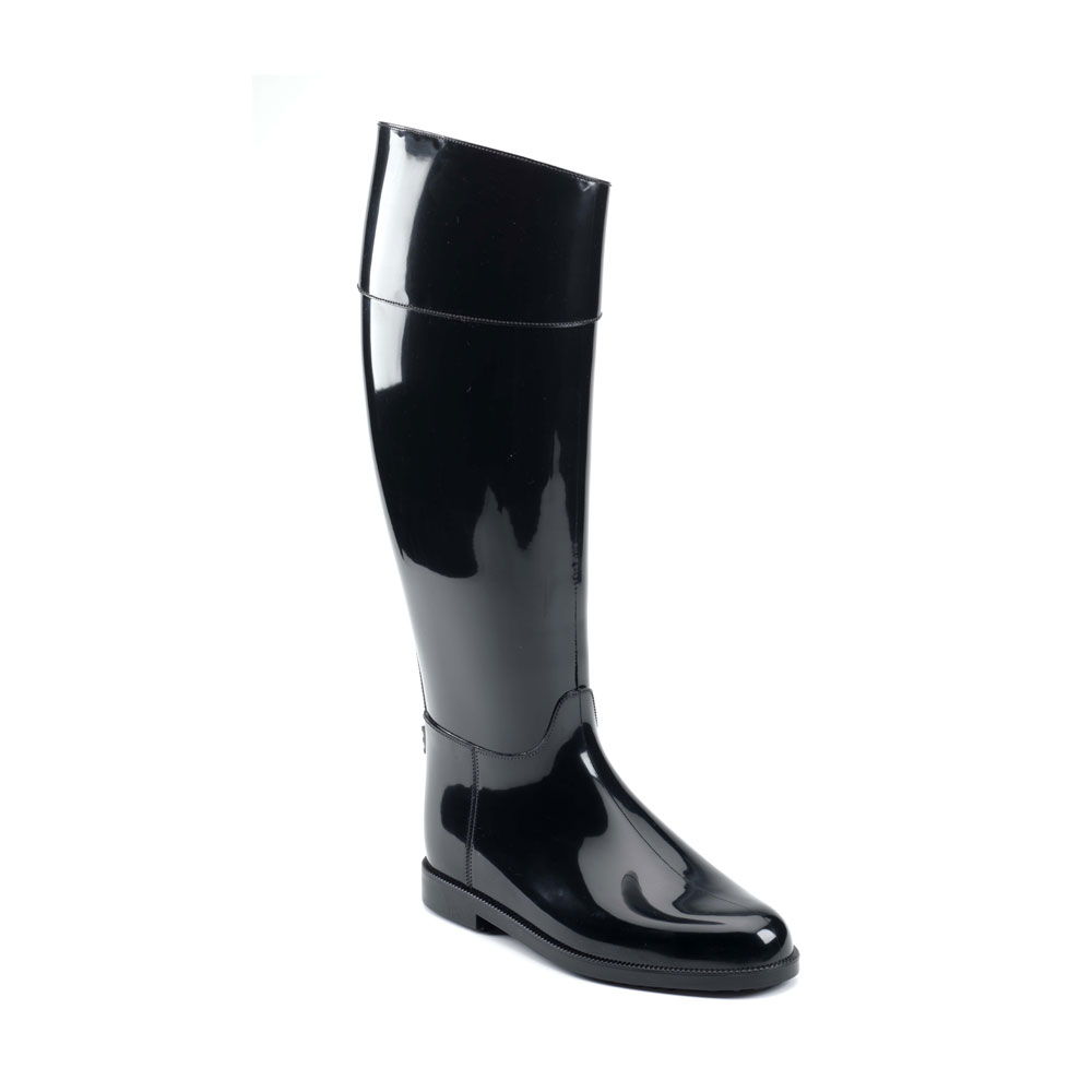 Riding boot with high boot leg and made of solid colour PVC with bright finish 