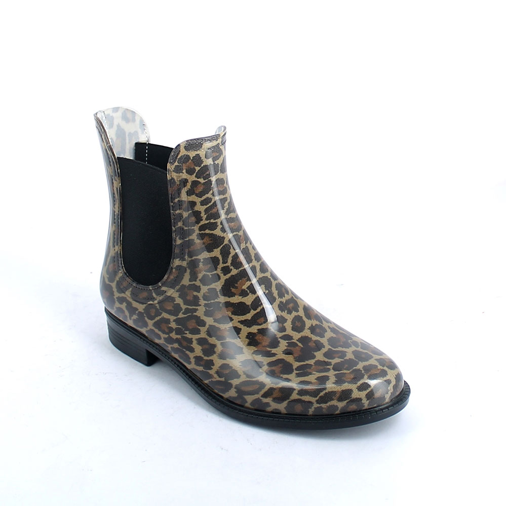 Chelsea boot in bright transparent pvc with elastic band on ankle sides and cut &Sewn lining with pattern "Coffee colour Maculato"