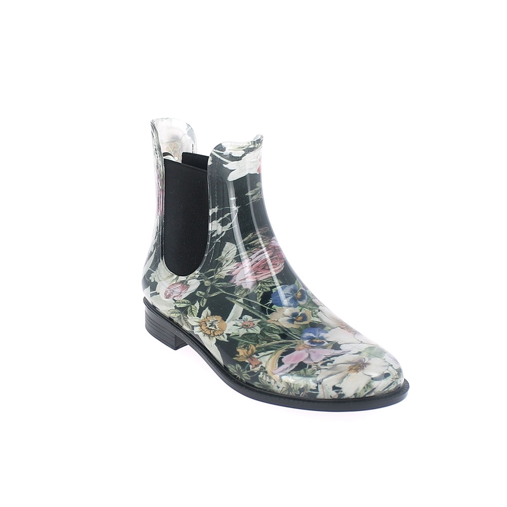 Chelsea boot in bright transparent pvc with elastic band on ankle sides and cut & Sewn lining with pattern "Flower". Made in Italy