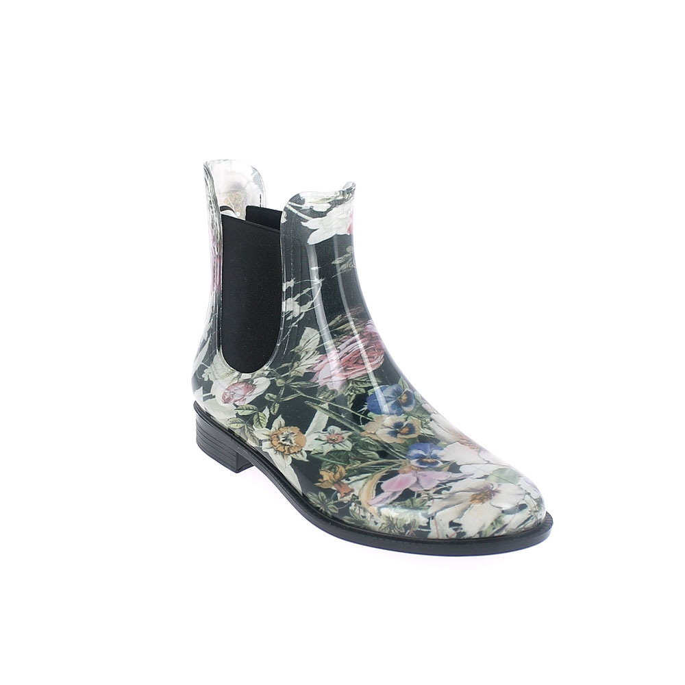 Chelsea boot in bright transparent pvc with elastic band on ankle sides and cut &amp; Sewn lining with pattern &quot;Flower&quot;. Made in Italy