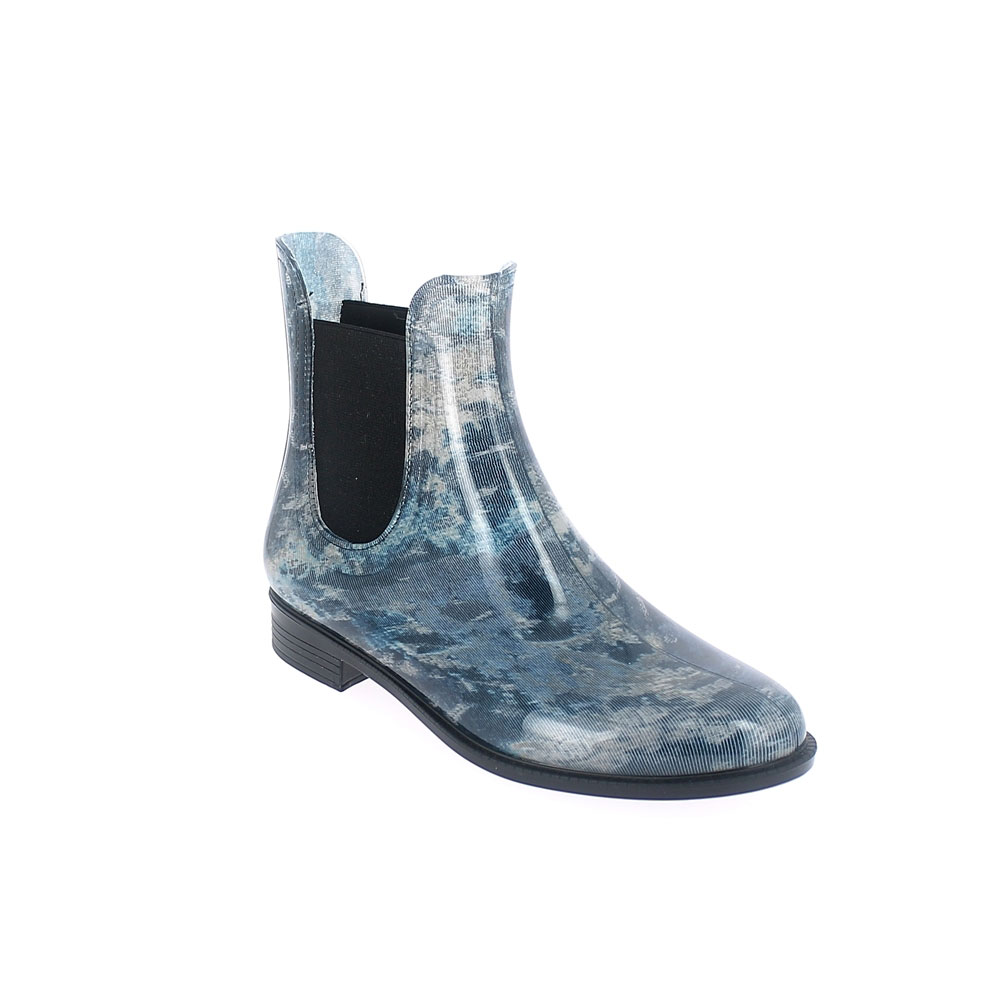 Chelsea boot in bright transparent pvc with elastic band on ankle sides and cut &amp; Sewn lining with pattern &quot;Abstract azzurro&quot;. Made in Italy