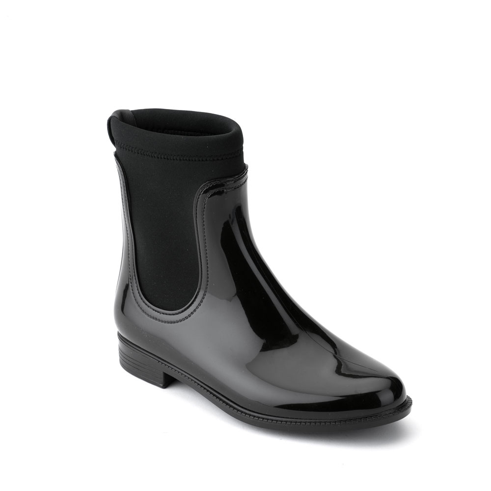 Chelsea boot in bright pvc with elastic band on ankle sides and neoprene sock at ankle heitght