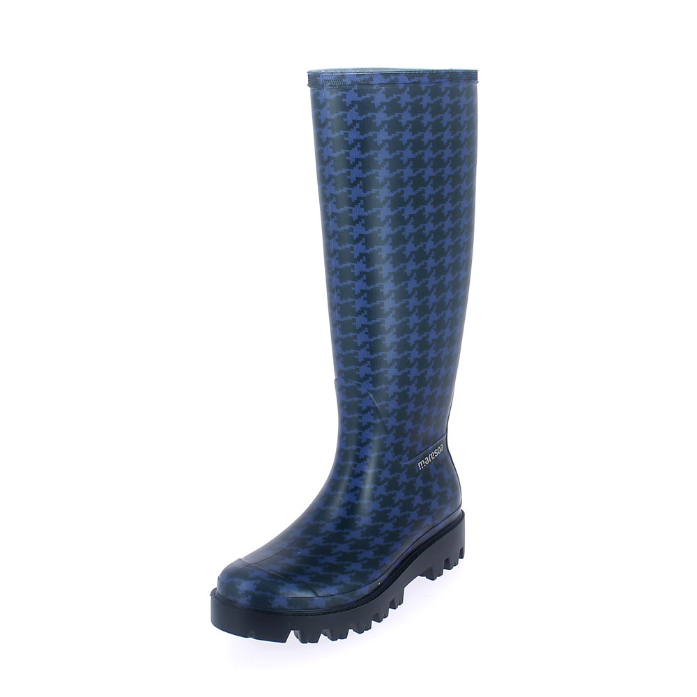 Matt finish pvc Wellington boot with &quot;cut and sewn&quot; inner sock with pattern &quot;Pied de poule blu&quot; with lettering; Lug outsole (VIB). Made in Italy