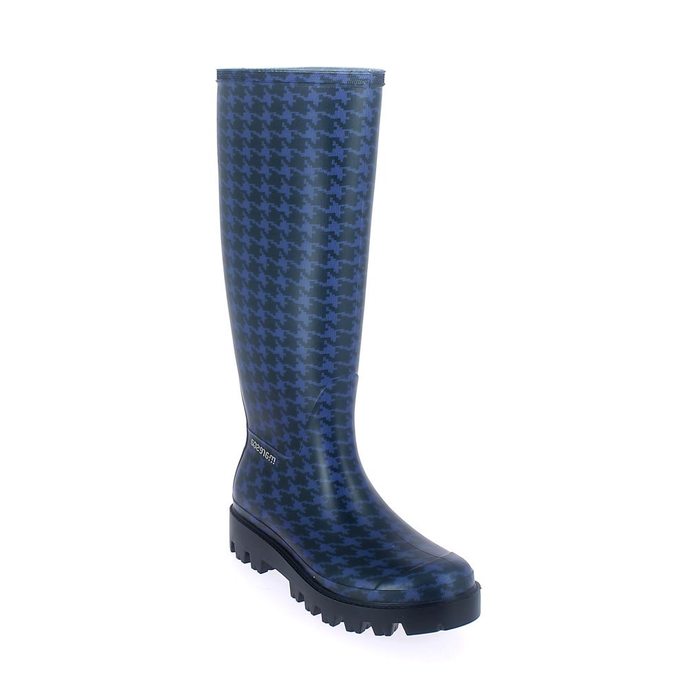 Matt finish pvc Wellington boot with "cut and sewn" inner sock with pattern "Pied de poule blu" with lettering; Lug outsole (VIB). Made in Italy