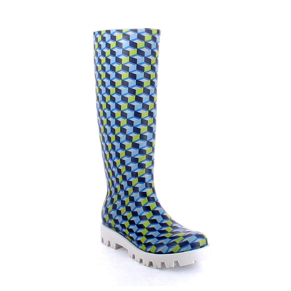 Matt finish pvc Wellington boot with  "cut and sewn" inner sock with pattern "Cubi"; Lug outsole (VIB). Made in Italy