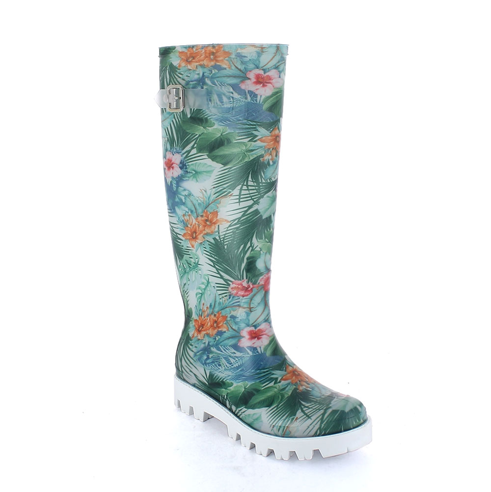 Matt finish pvc Wellington boot with lateral strap and "cut and sewn" inner sock with pattern "Green Tropical Flowers"; metal buckle and lug outsole (VIB)