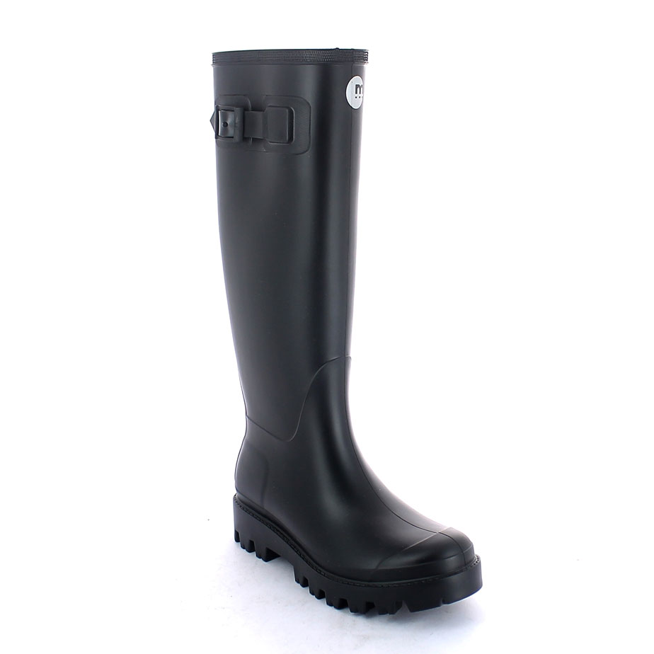 Matt finish pvc Wellington boot with lateral strap and  pad printing on the boot leg; metal buckle and lug outsole (VIB outsole)