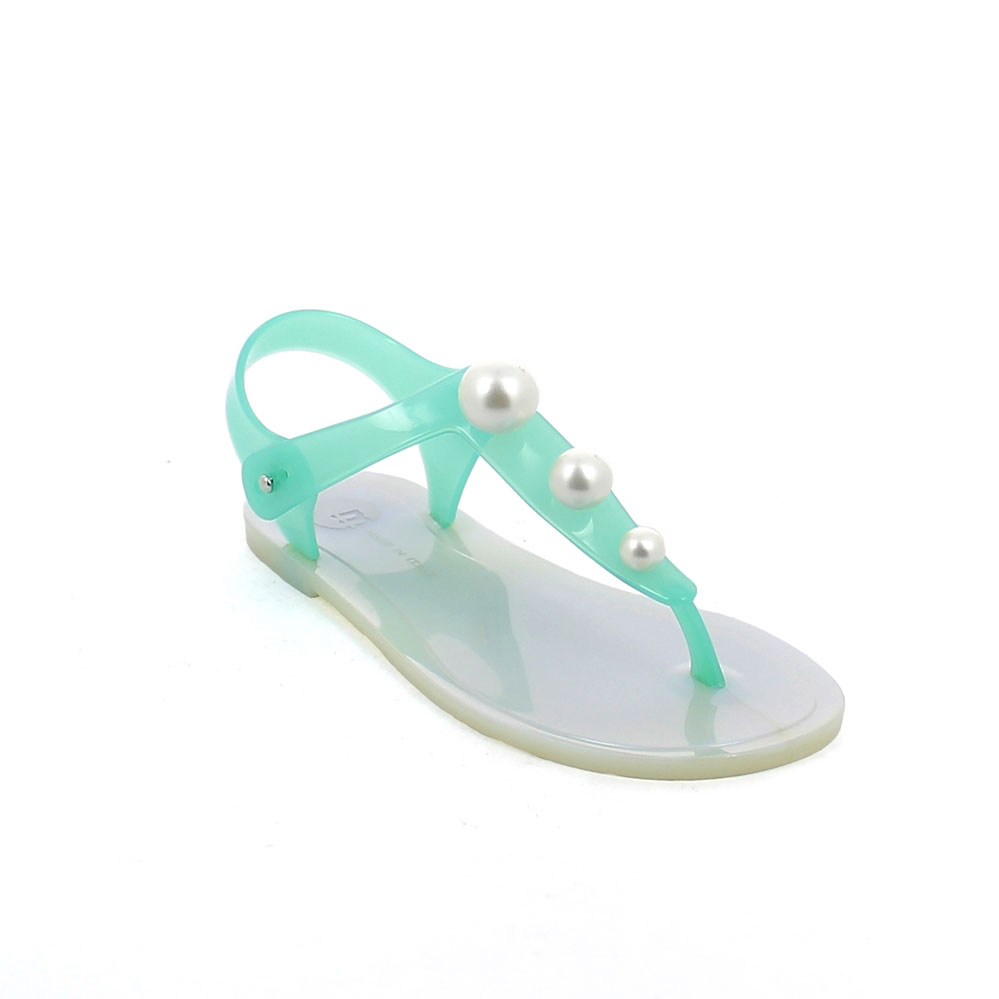 Flip flop "Gladiator" pvc sandal with three pearls on the upper, pad printing insole and pearly colour outsole