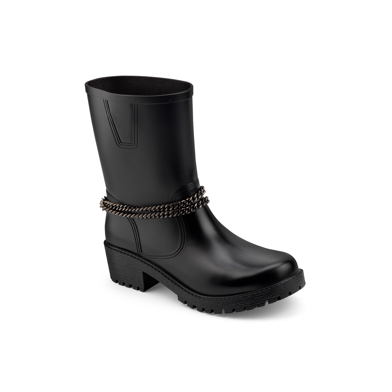 Matt finish pvc biker boot model with ankle double chain. Made in Italy