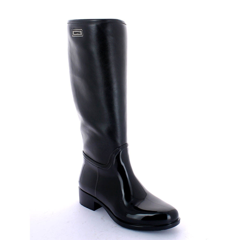 Pvc galosh with high bootleg made of smooth leatherette and synthetic sheared faux fur inner lining and wool foot lining