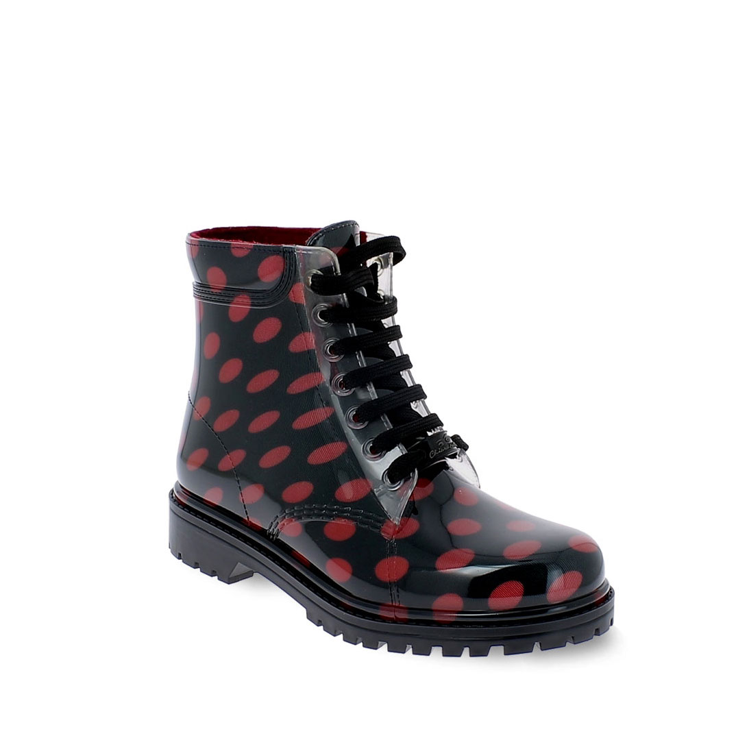 Short laced up boot in transparent pvc with bright finish and cut and stitched stocking with pattern "Red Pois" and felt inner lining